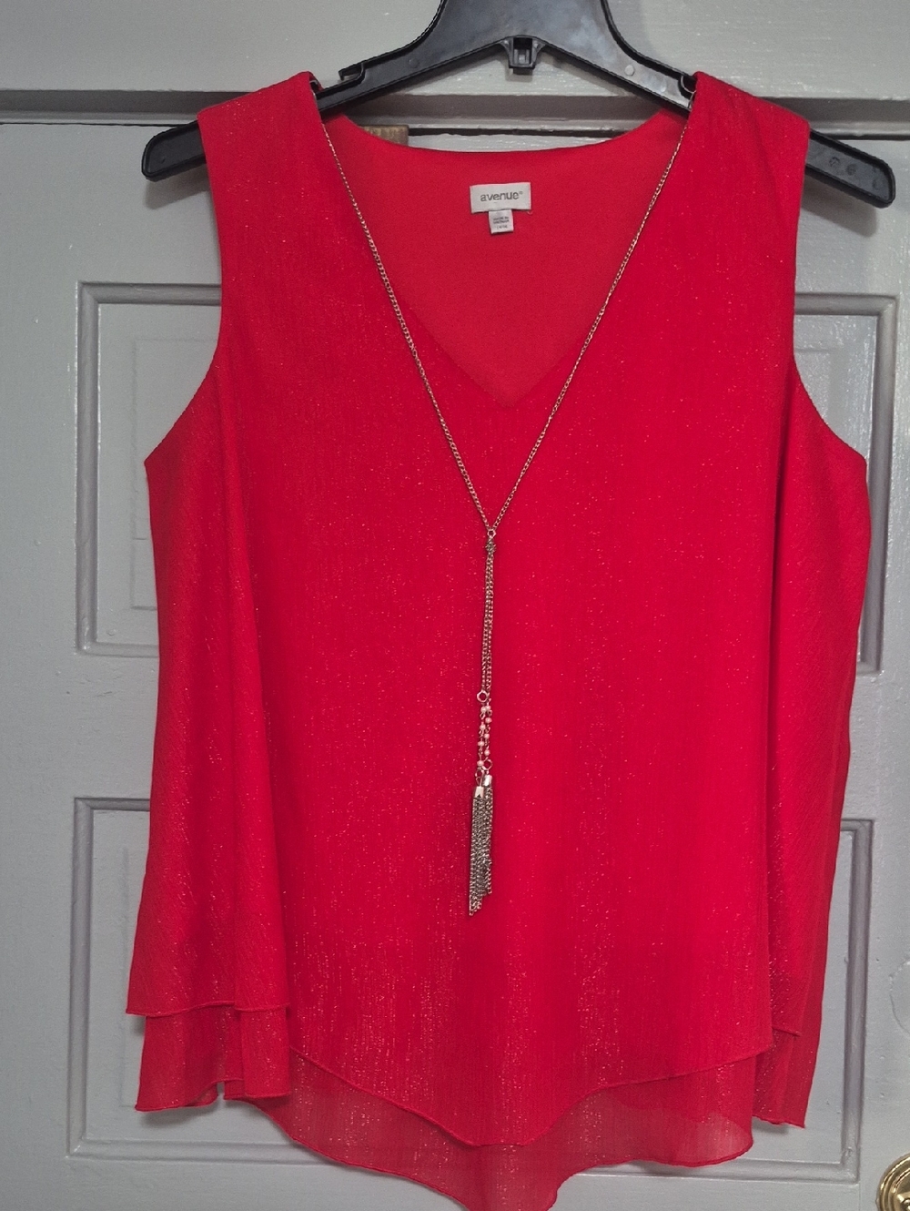 Avenue Glittery Bright Red V-Neck Layered Sleeveless Tank Top
